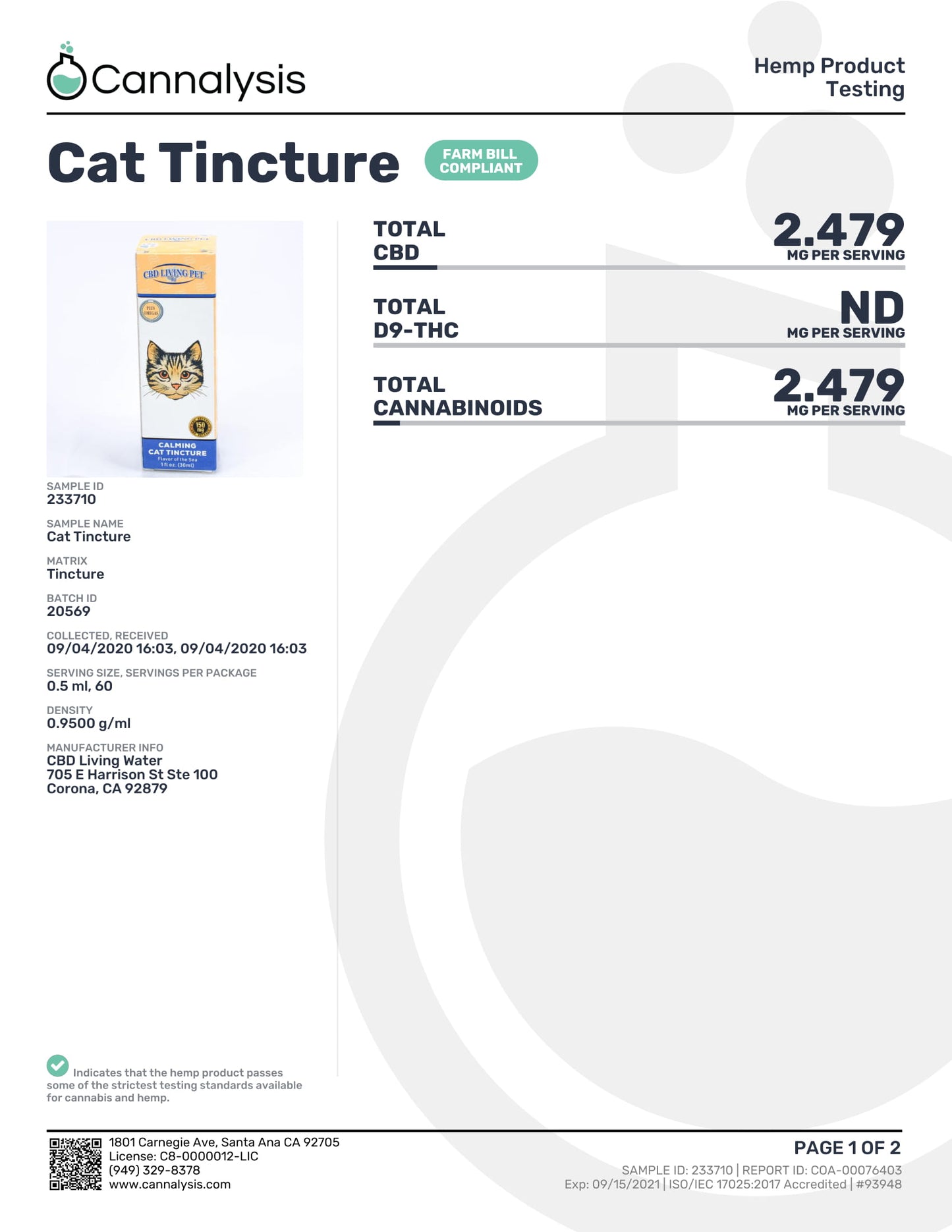 CBD Living Calming Cat Tincture 150 mg